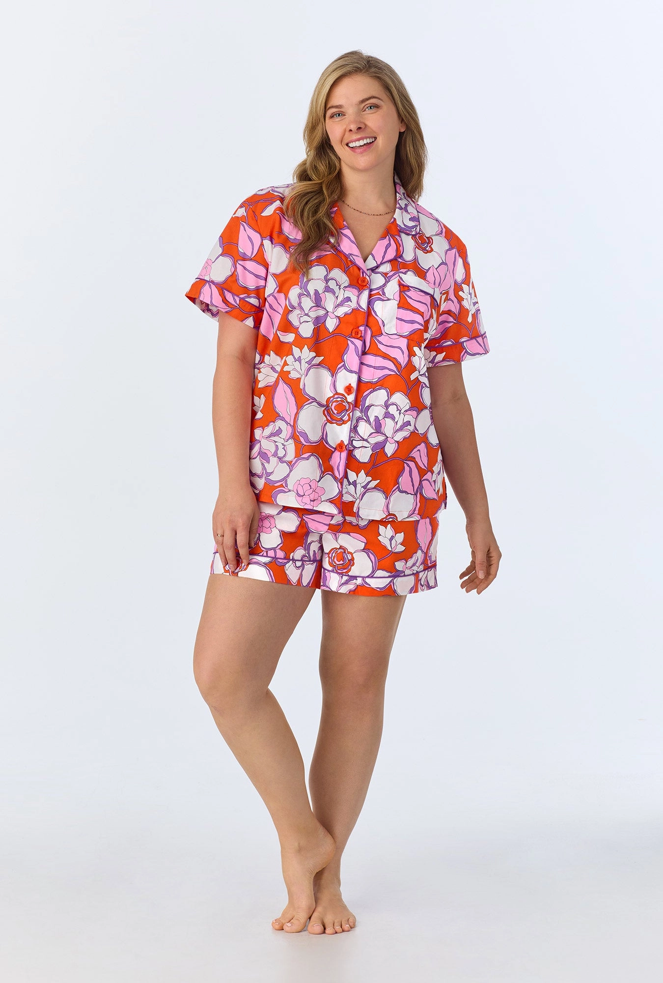BedHead x Trina Turk Gardenia Short Sleeve Classic Woven Cotton Poplin Shorty PJ Set