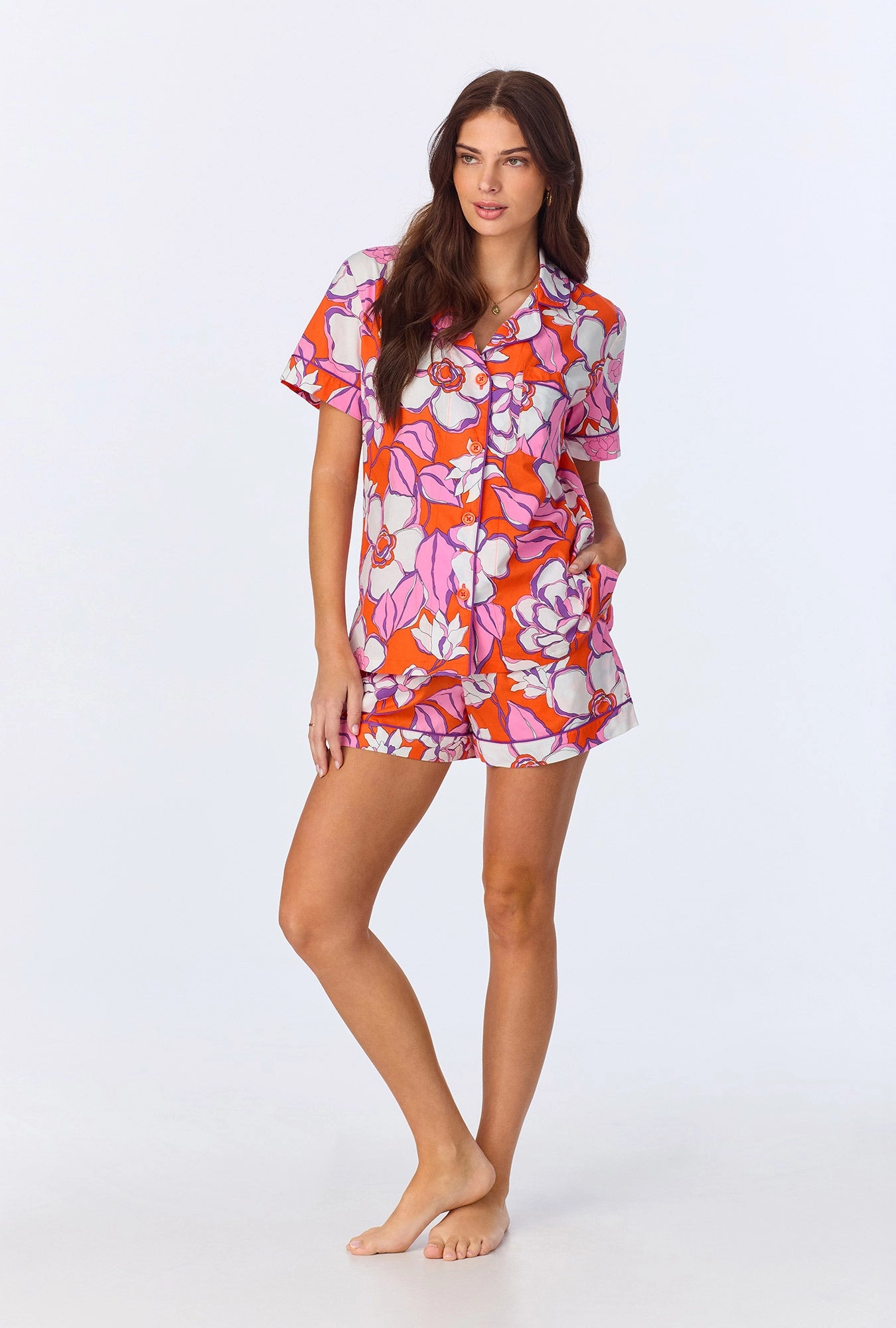 BedHead x Trina Turk Gardenia Short Sleeve Classic Woven Cotton Poplin Shorty PJ Set