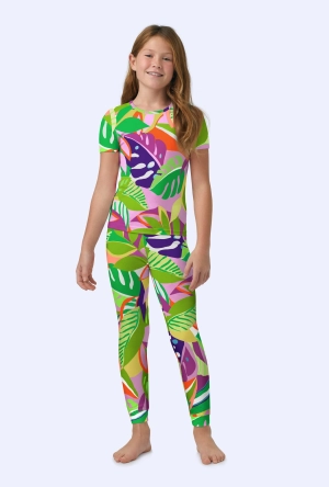 BedHead x Trina Turk Jungle Leaves Short Sleeve Stretch Jersey Kids PJ Set