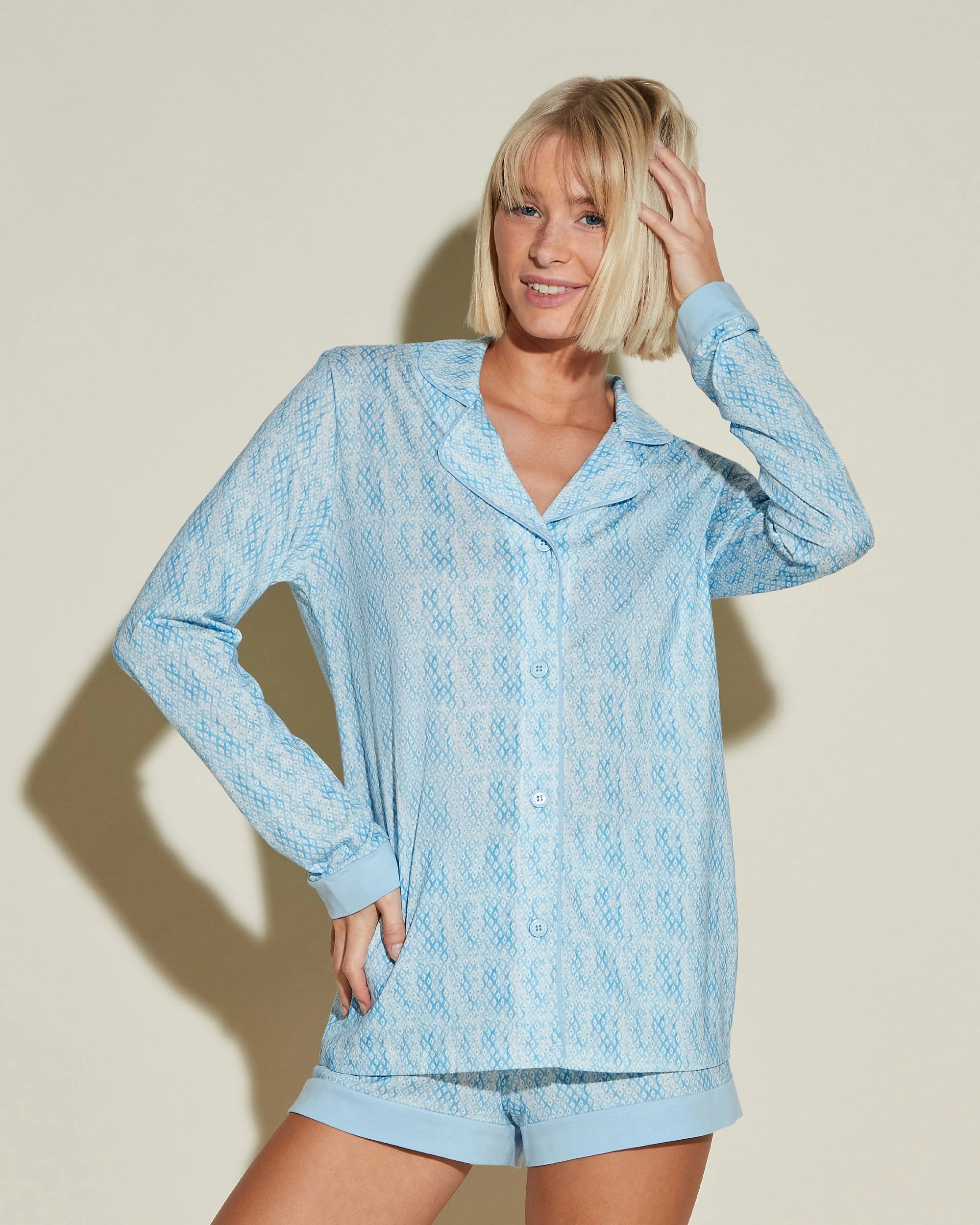 Bedrucktes Langärmeliges Top & Boxer Pyjama-Set