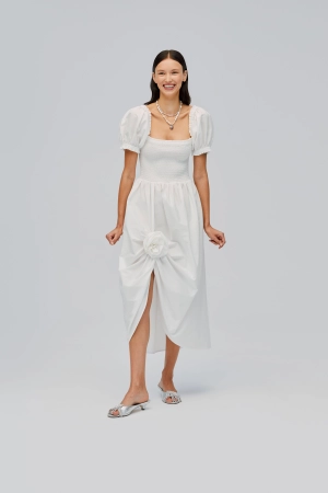 Belle Cotton Dress with Rose Detail in White