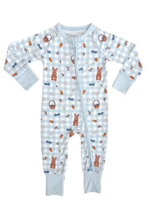 Blue Gingham Bunny Zipper Romper