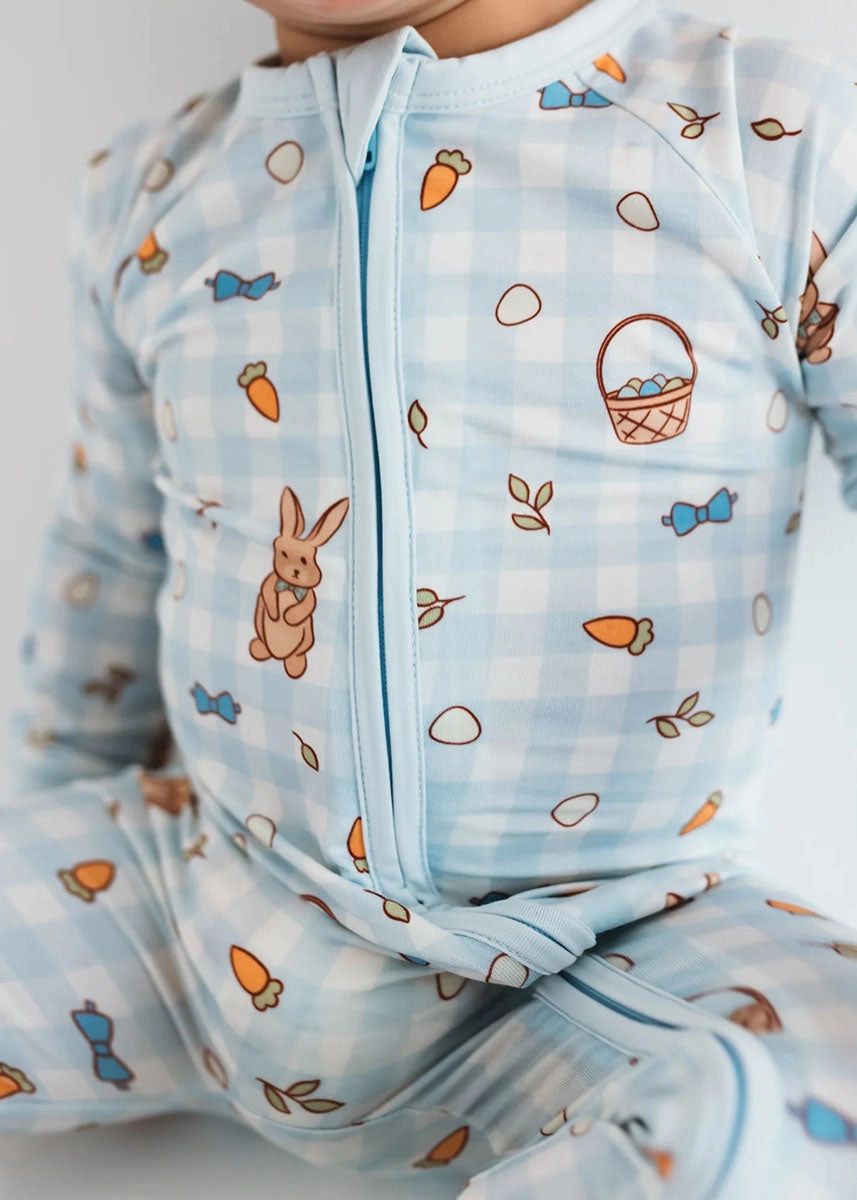 Blue Gingham Bunny Zipper Romper