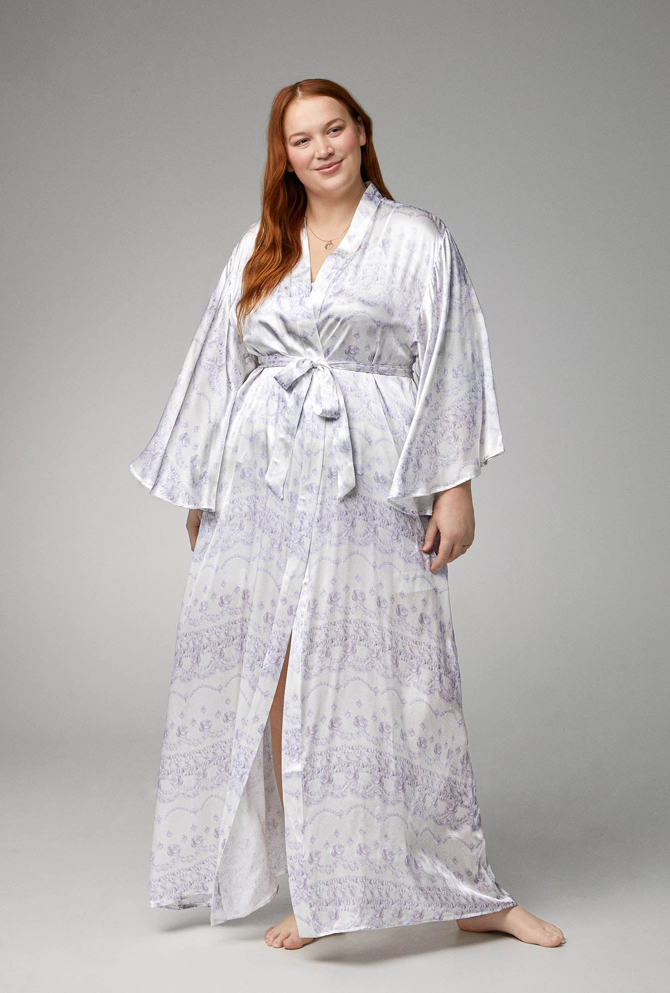 Buttercream Banded Collar Woven Silk Satin Maxi Robe