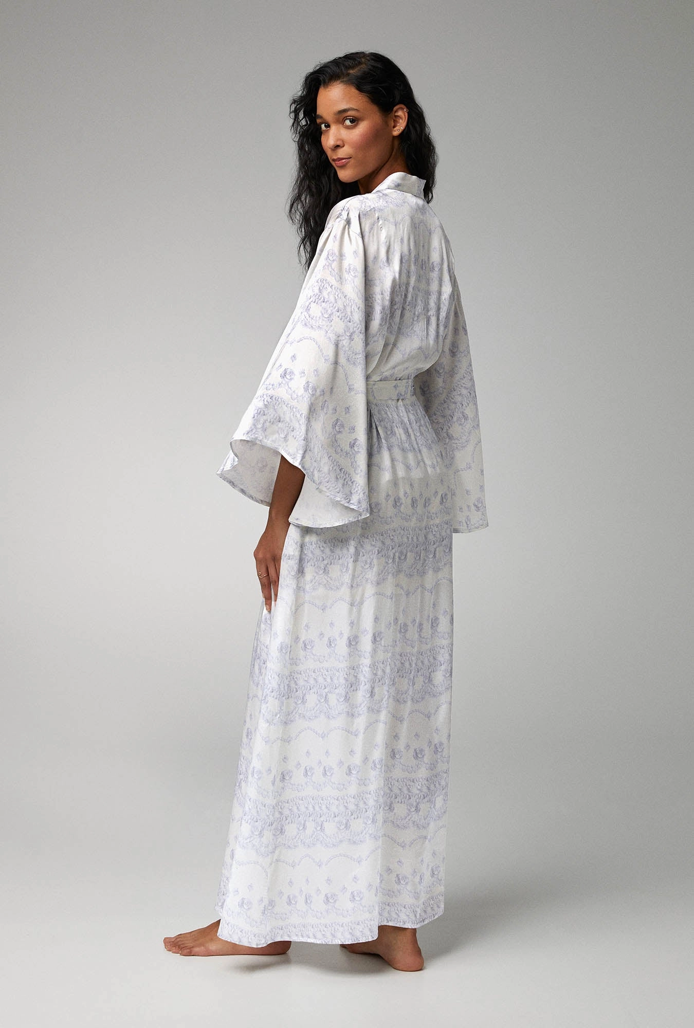 Buttercream Banded Collar Woven Silk Satin Maxi Robe