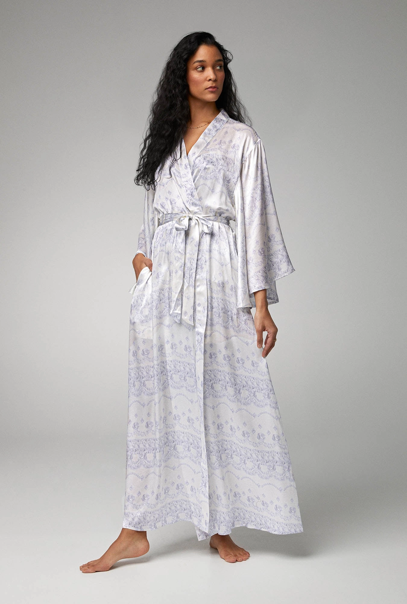 Buttercream Banded Collar Woven Silk Satin Maxi Robe