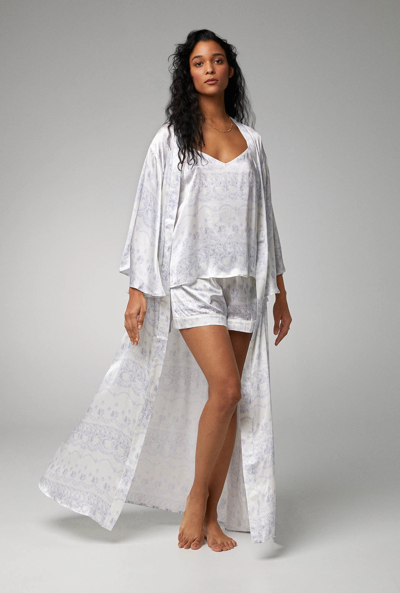 Buttercream Banded Collar Woven Silk Satin Maxi Robe