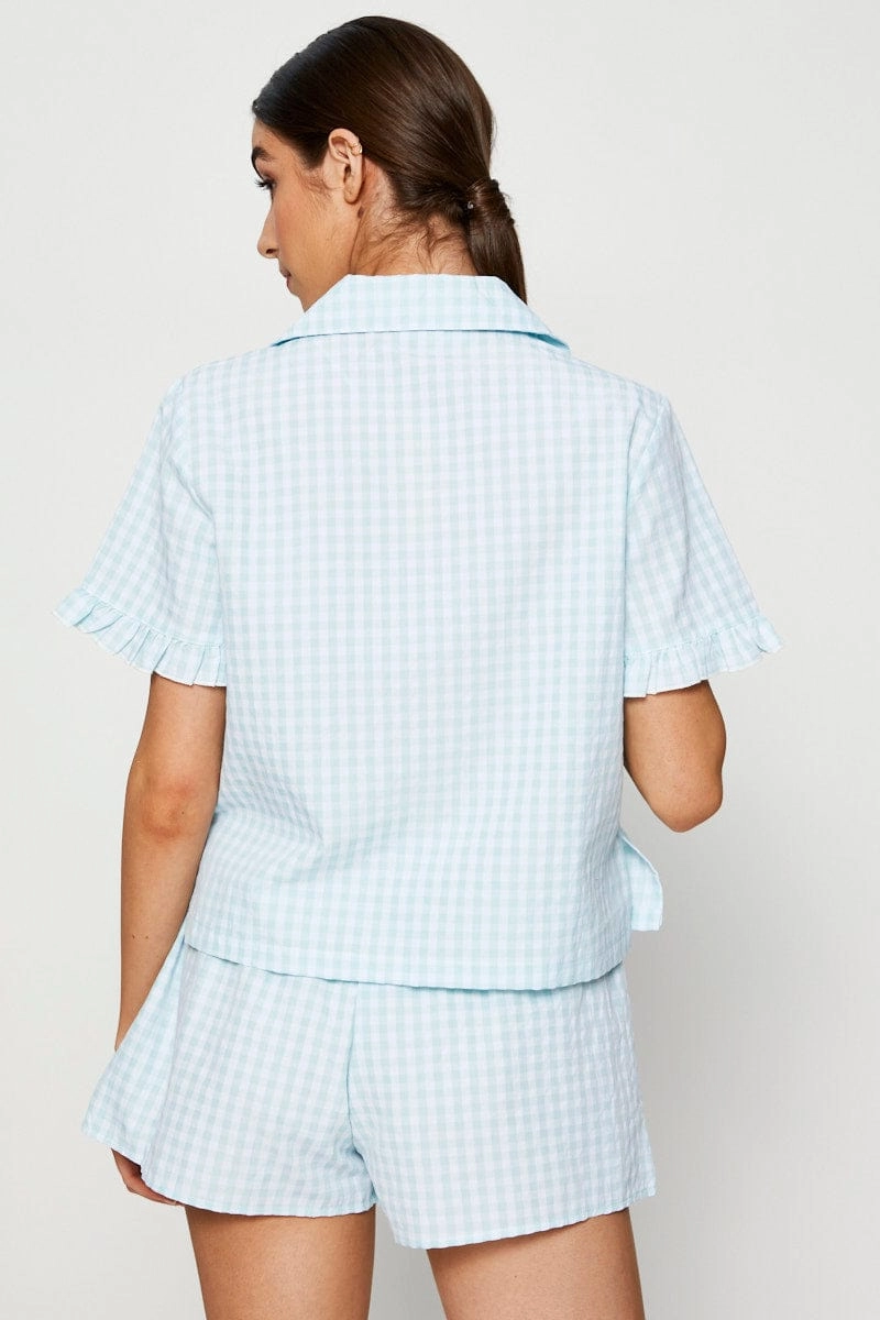 Check Rufflle Sleeve Pajamas Set Short Sleeve