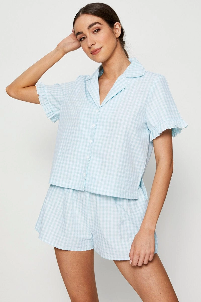 Check Rufflle Sleeve Pajamas Set Short Sleeve