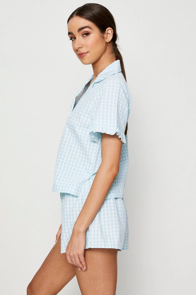 Check Rufflle Sleeve Pajamas Set Short Sleeve
