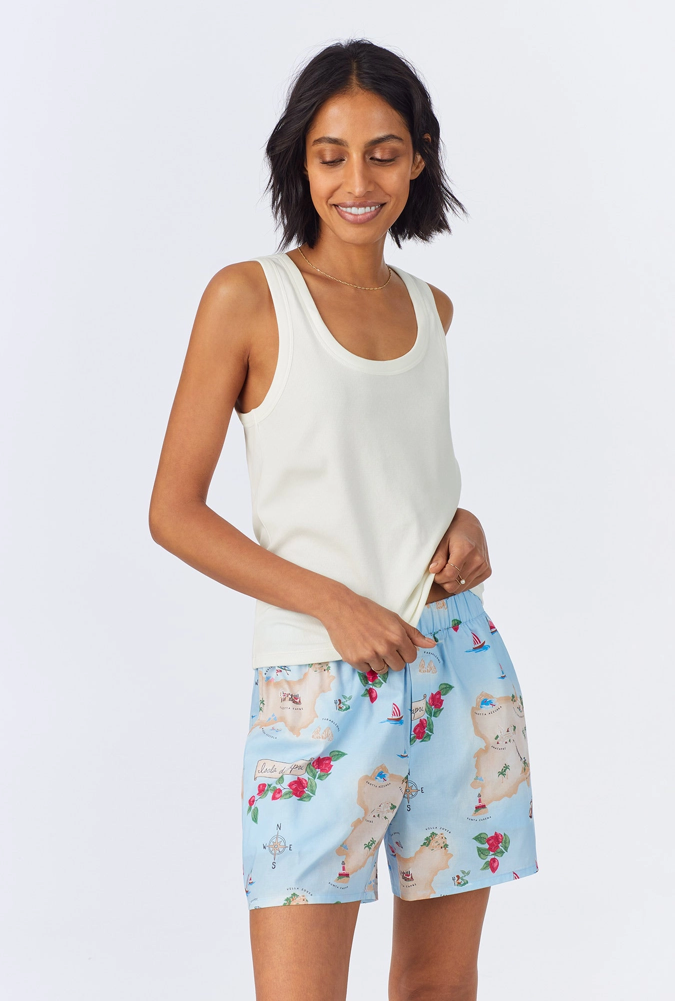 Ciao Capri Knit Tank Woven Cotton Poplin Boxer PJ Set