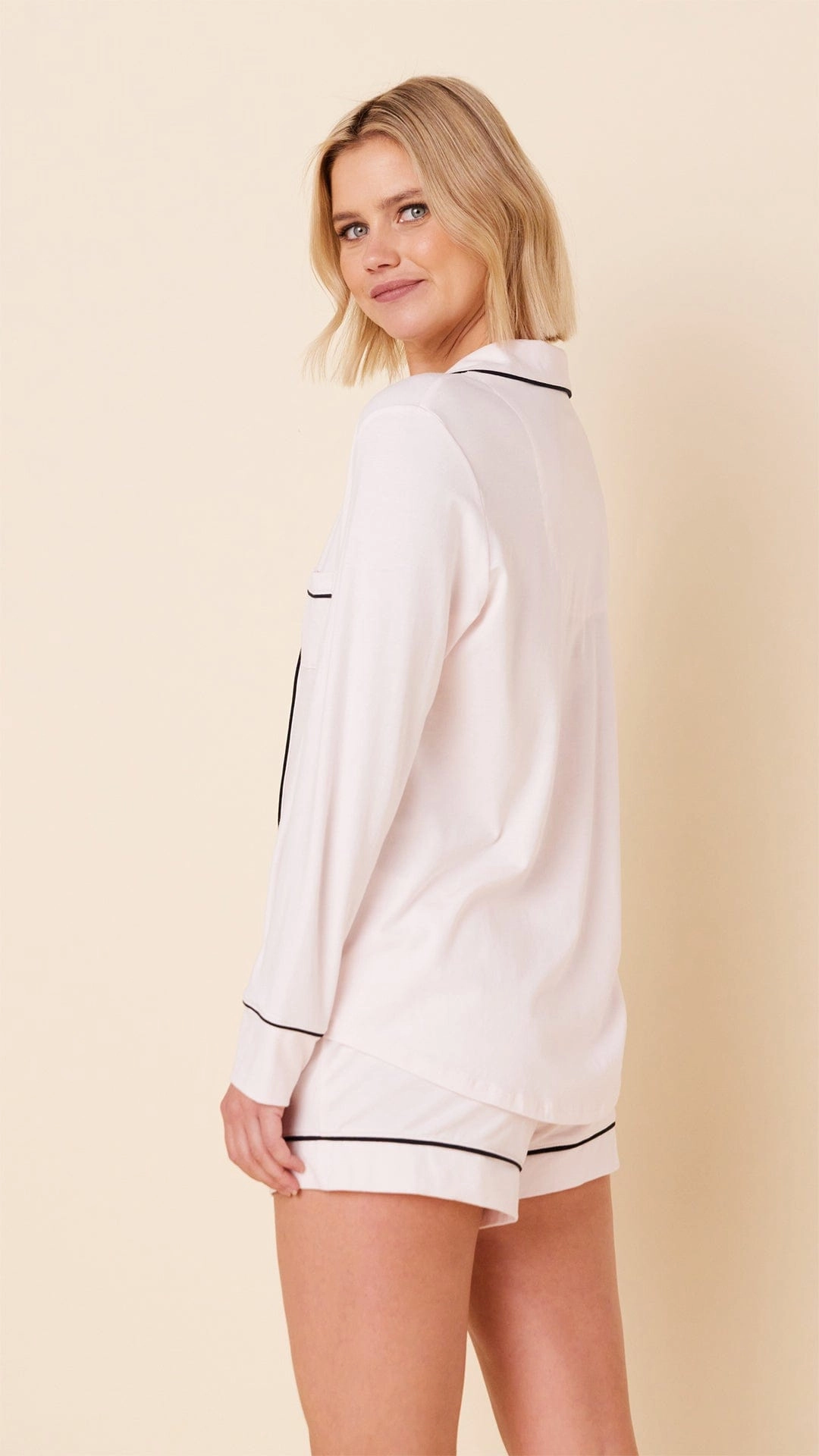 Classic Pima Knit Long-Sleeved Short Set - Powder Pink