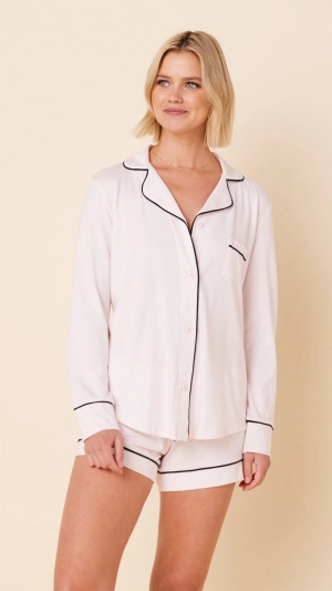 Classic Pima Knit Long-Sleeved Short Set - Powder Pink