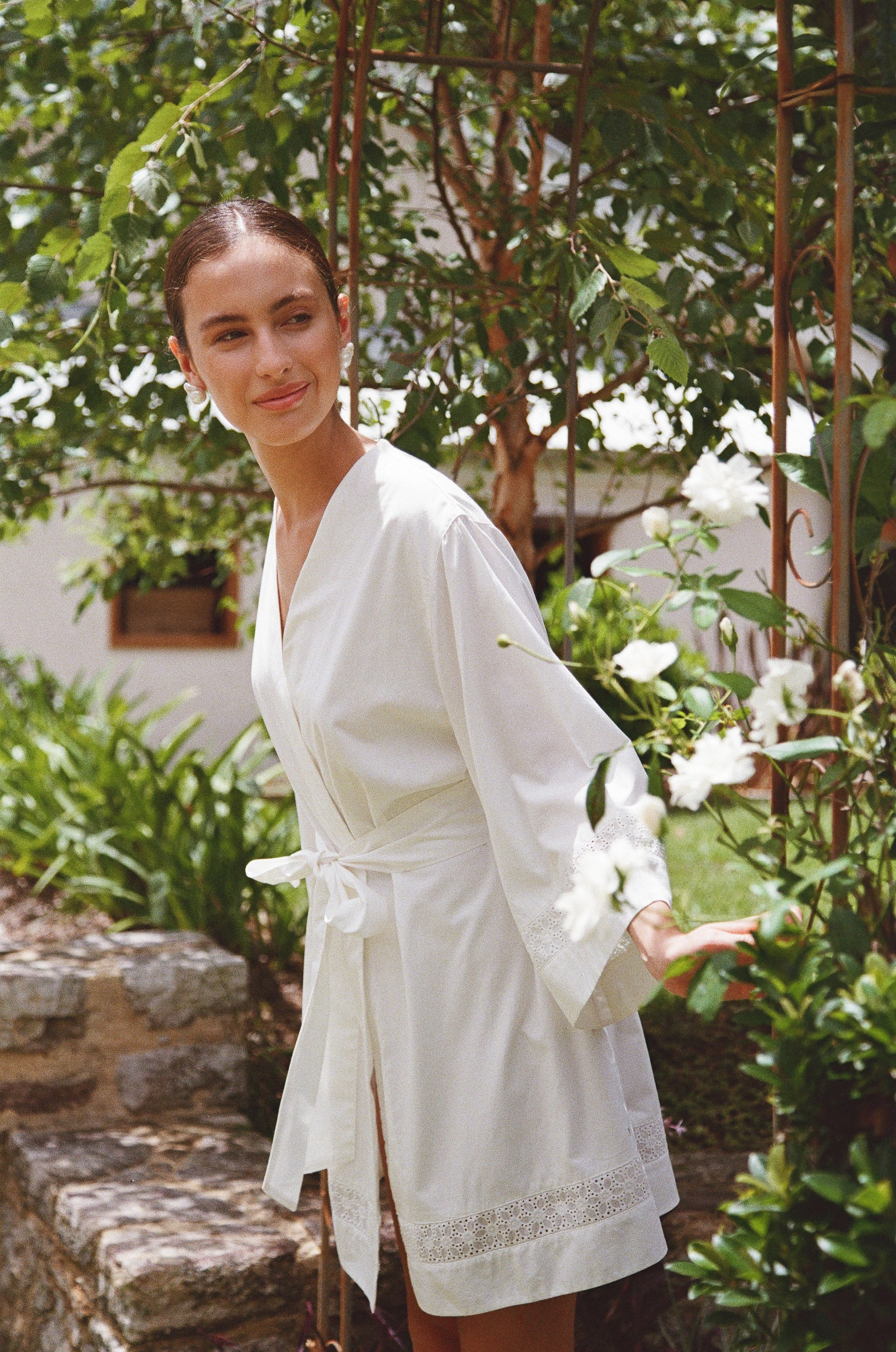 Giselle Bridal Robe - Cotton Modal Off White   Insert Trim