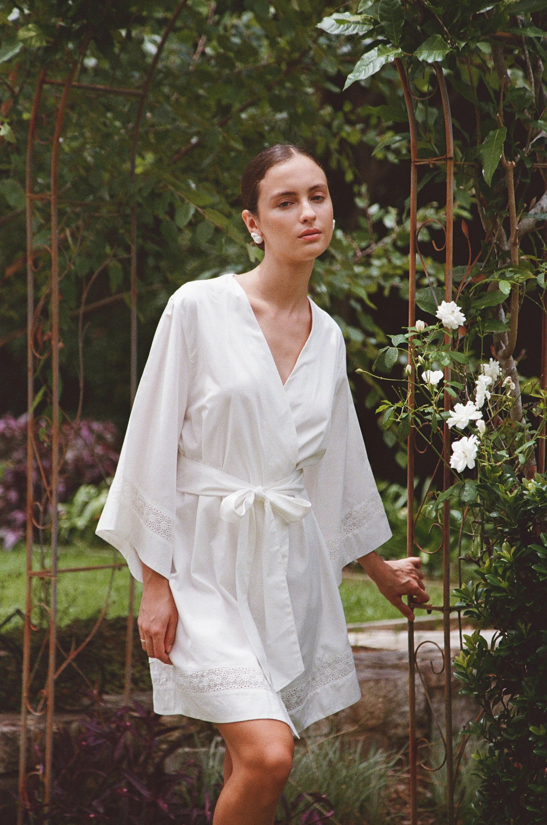 Giselle Bridal Robe - Cotton Modal Off White   Insert Trim