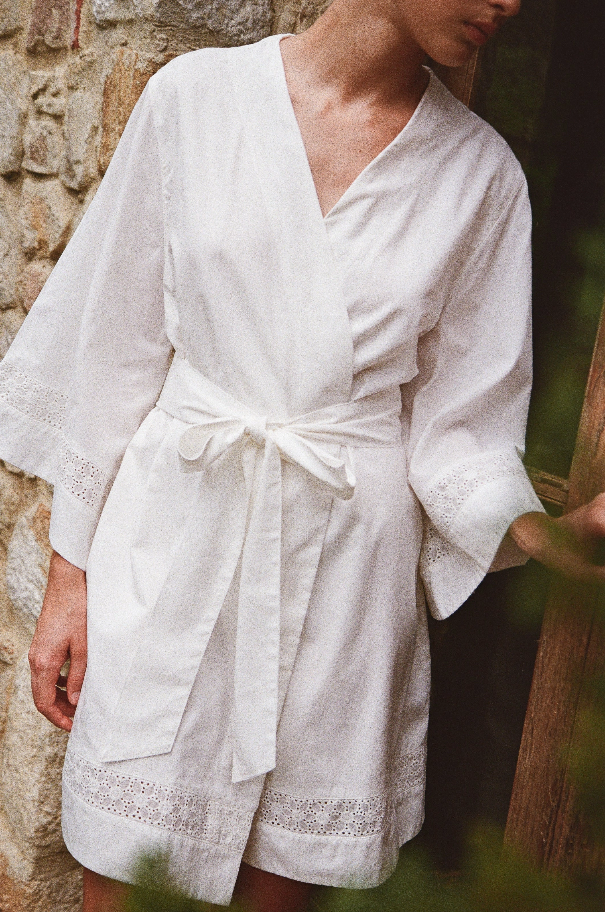 Giselle Bridal Robe - Cotton Modal Off White   Insert Trim