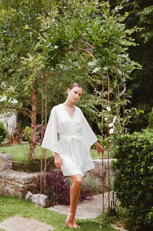 Giselle Bridal Robe - Cotton Modal Off White   Insert Trim