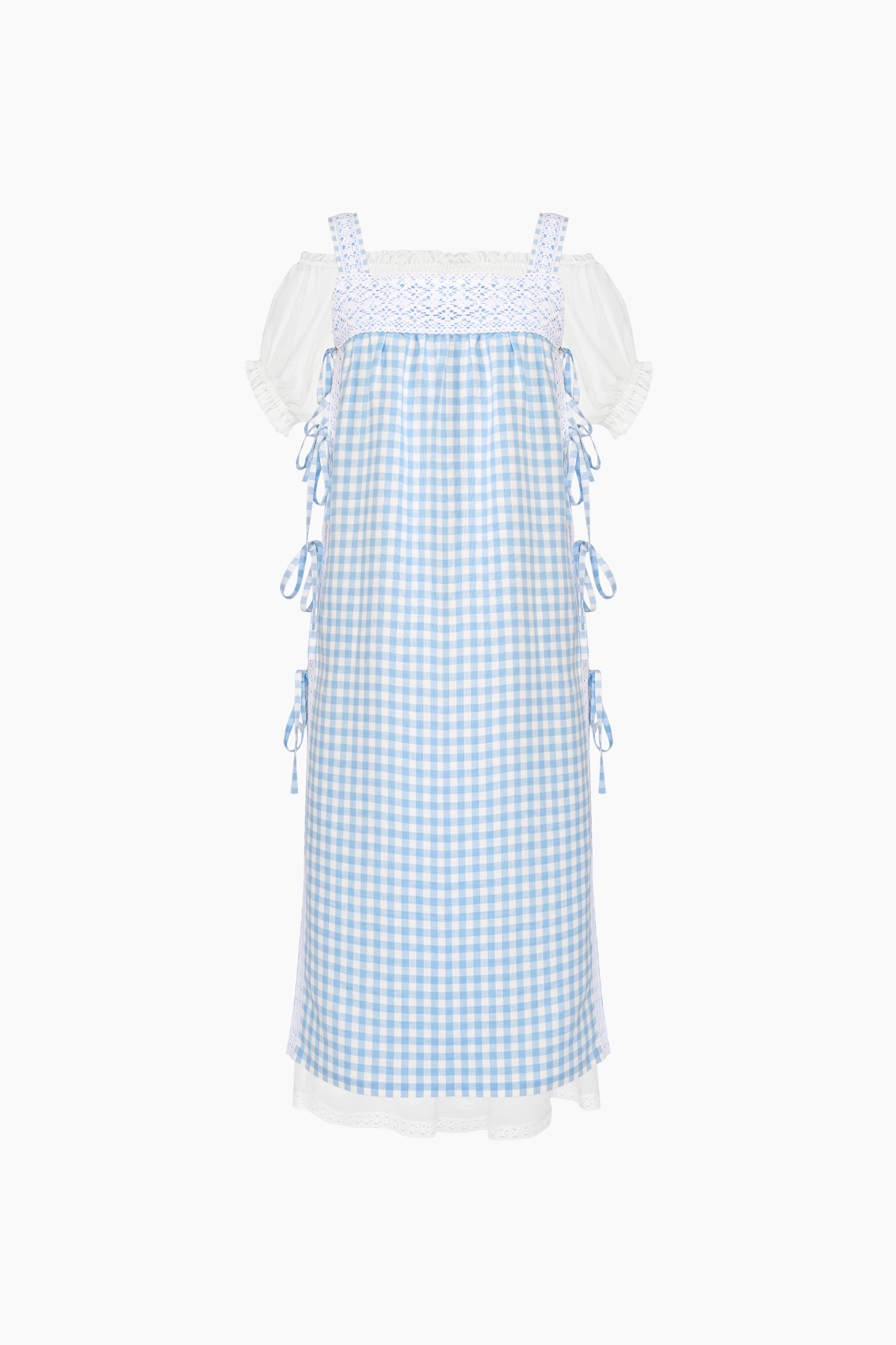 Greta Layered Linen Midi Dress in Blue Vichy