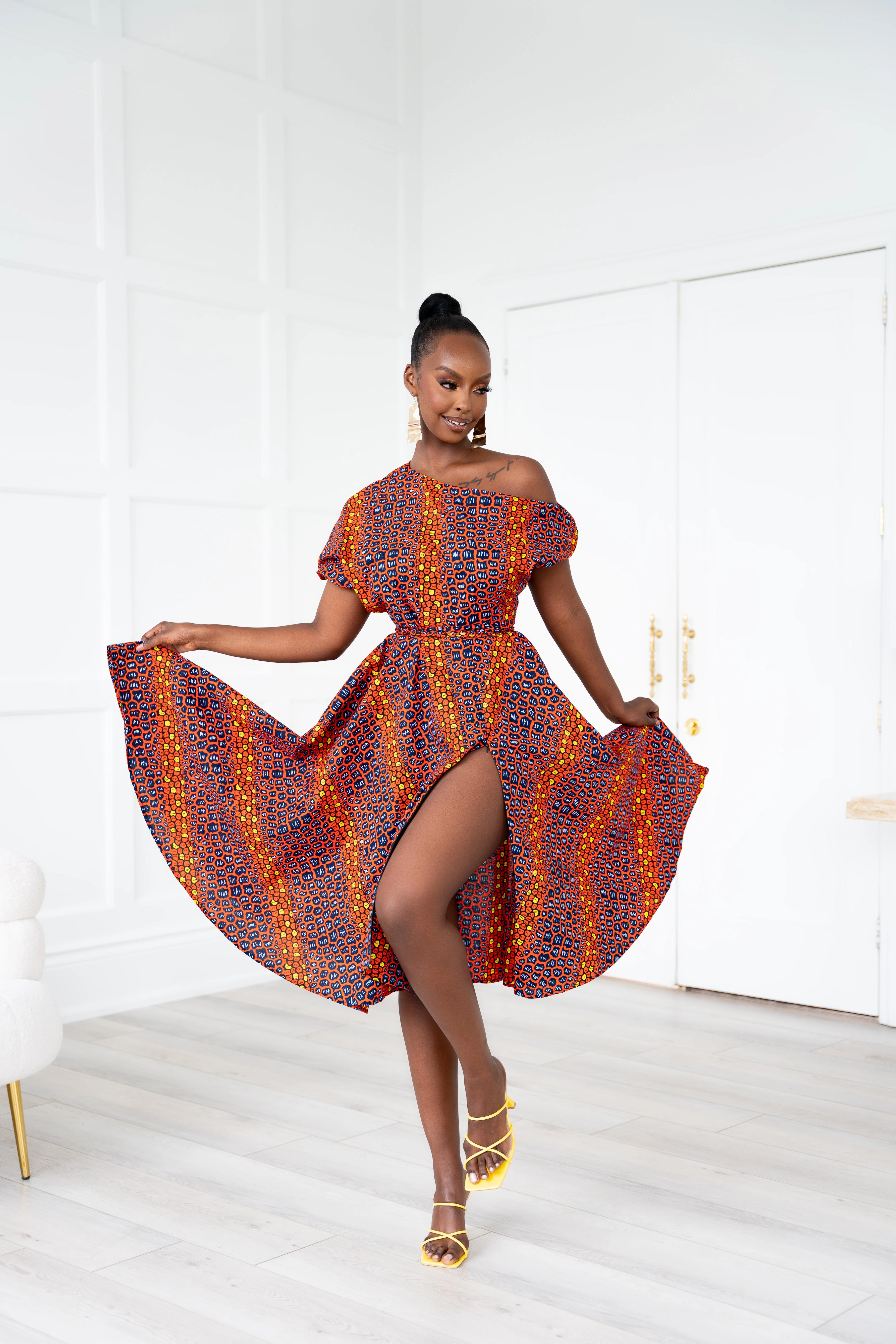 JEMIMA African Print One-shoulder Midi Dress