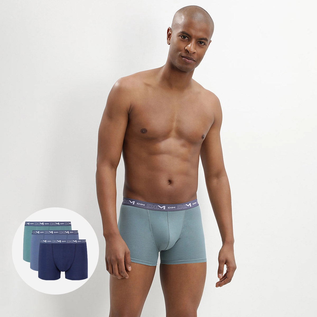 Lot de 3 boxers bleu denim bleu orage vert palme Coton Stretch