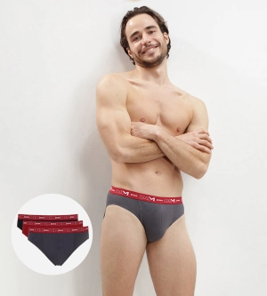 Lot de 3 slips gris, rouge chili et noir Coton Stretch