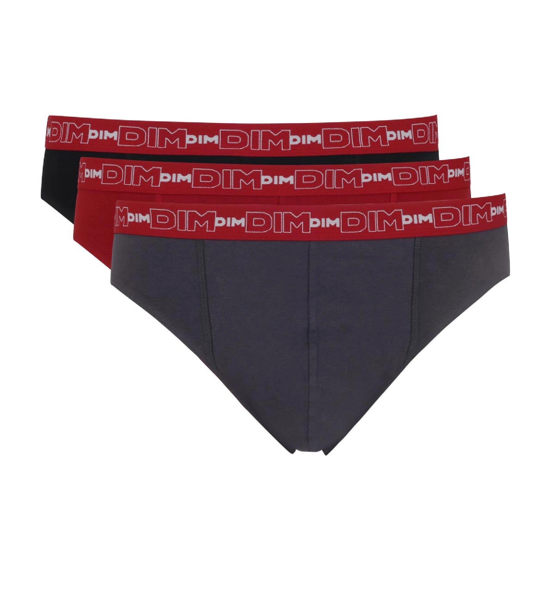 Lot de 3 slips gris, rouge chili et noir Coton Stretch