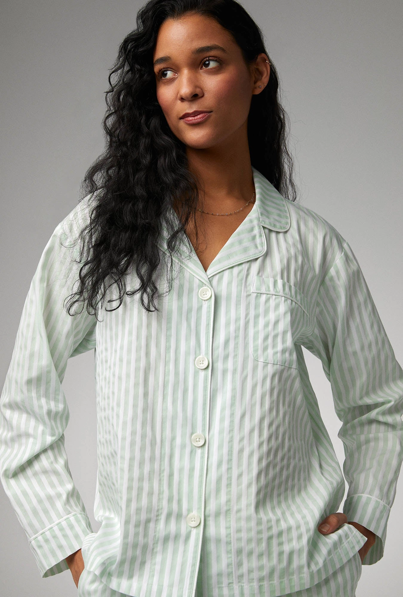 Mint 3D Stripe Long Sleeve Classic Woven Cotton Sateen Shorty PJ Set