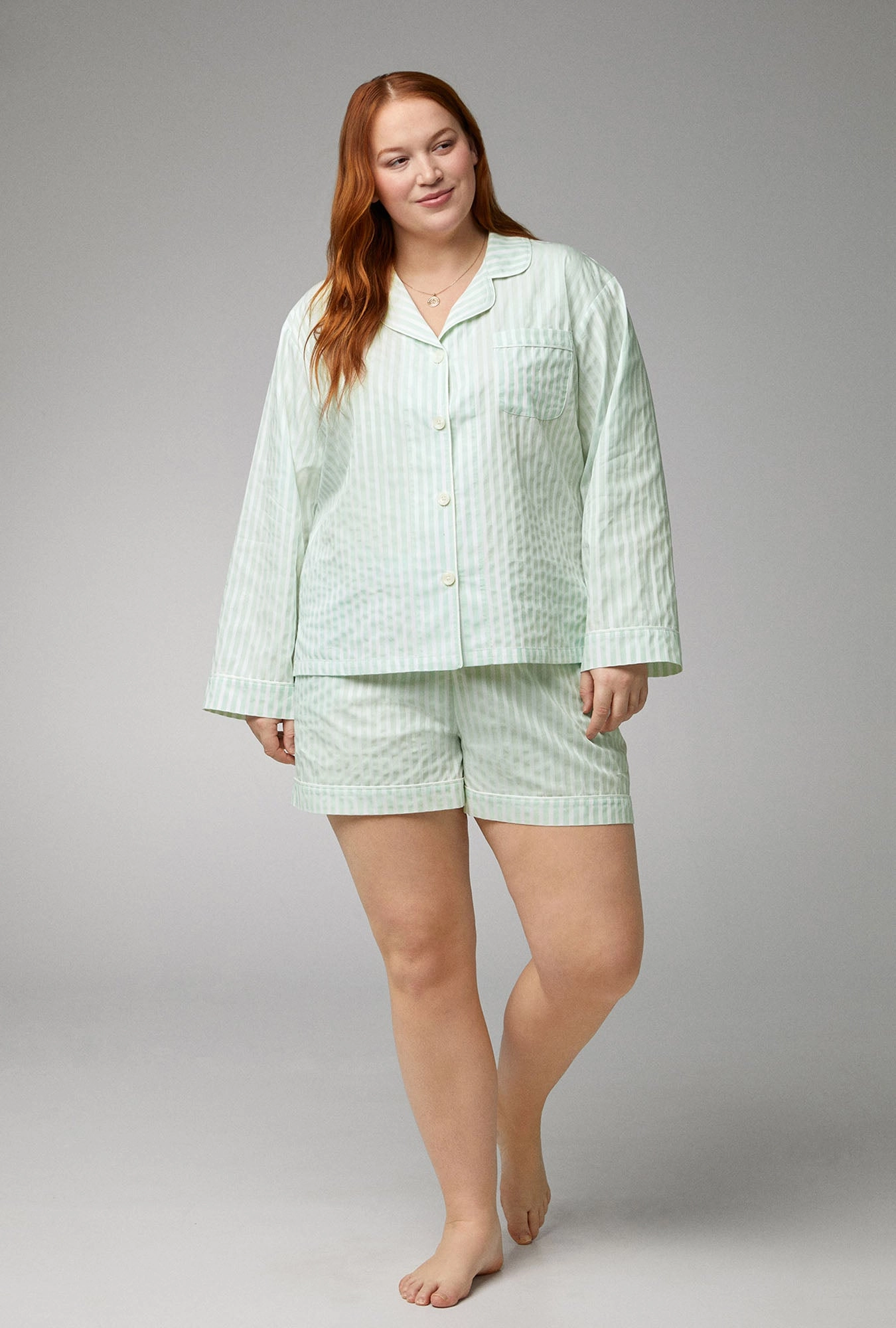 Mint 3D Stripe Long Sleeve Classic Woven Cotton Sateen Shorty PJ Set