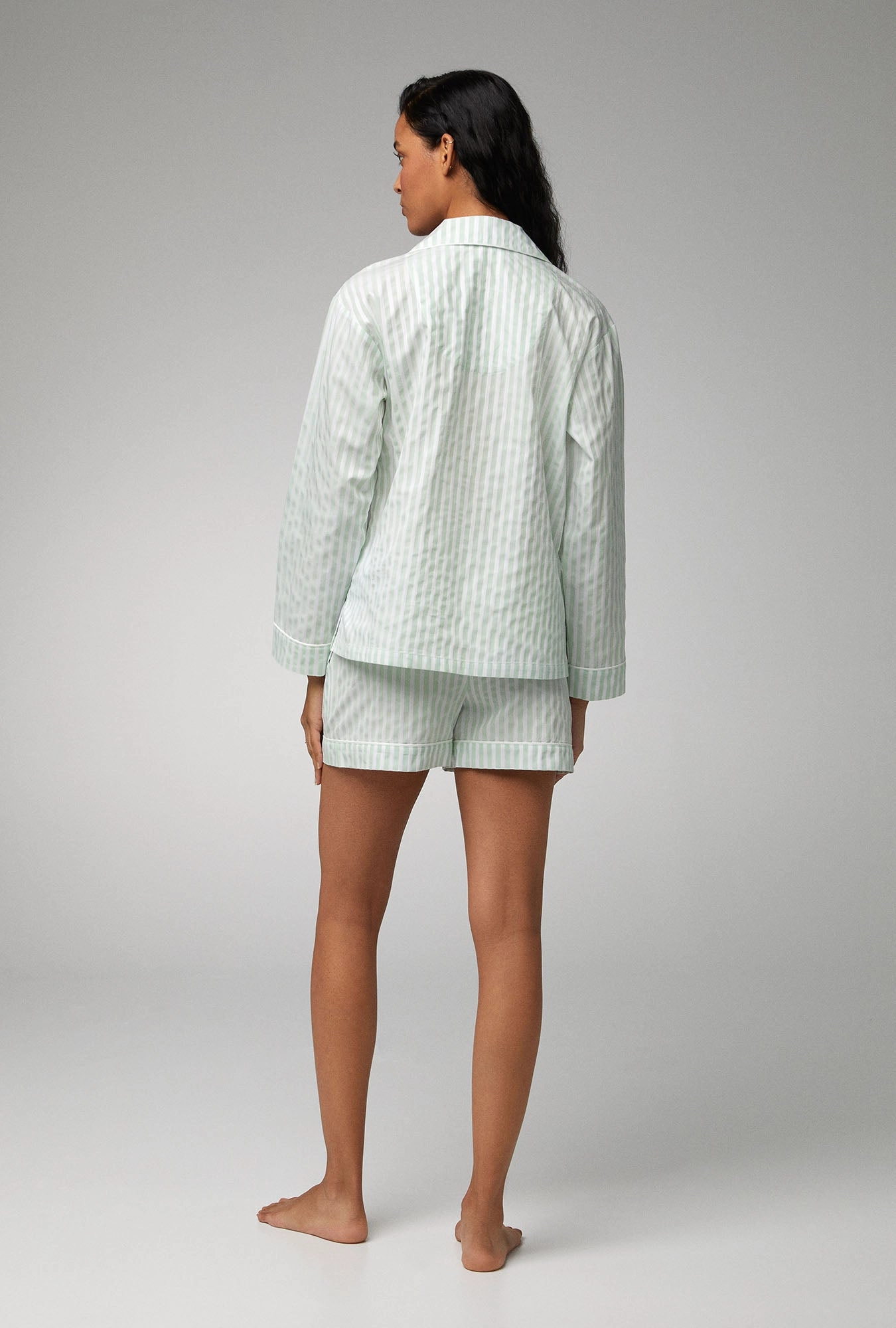 Mint 3D Stripe Long Sleeve Classic Woven Cotton Sateen Shorty PJ Set