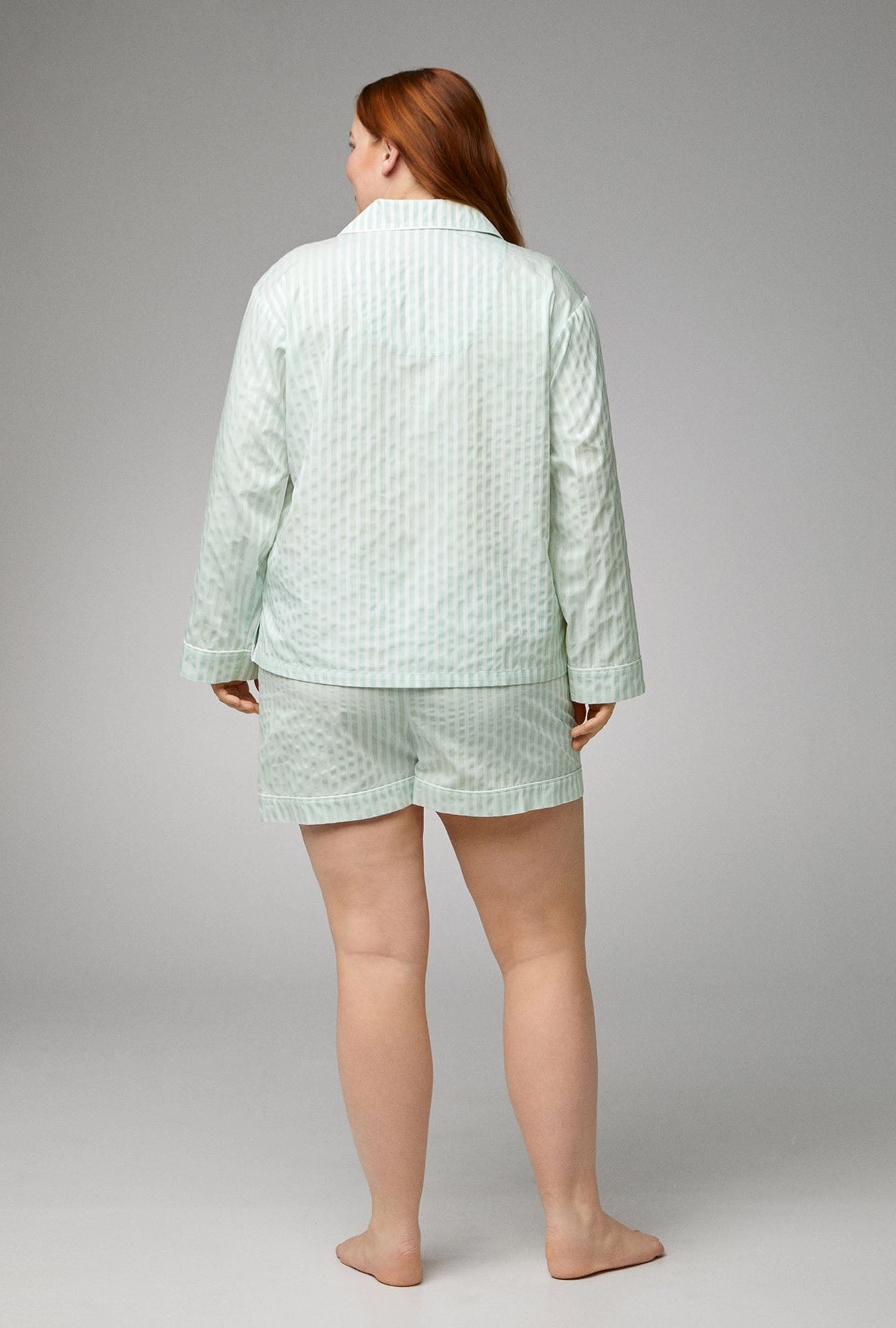 Mint 3D Stripe Long Sleeve Classic Woven Cotton Sateen Shorty PJ Set