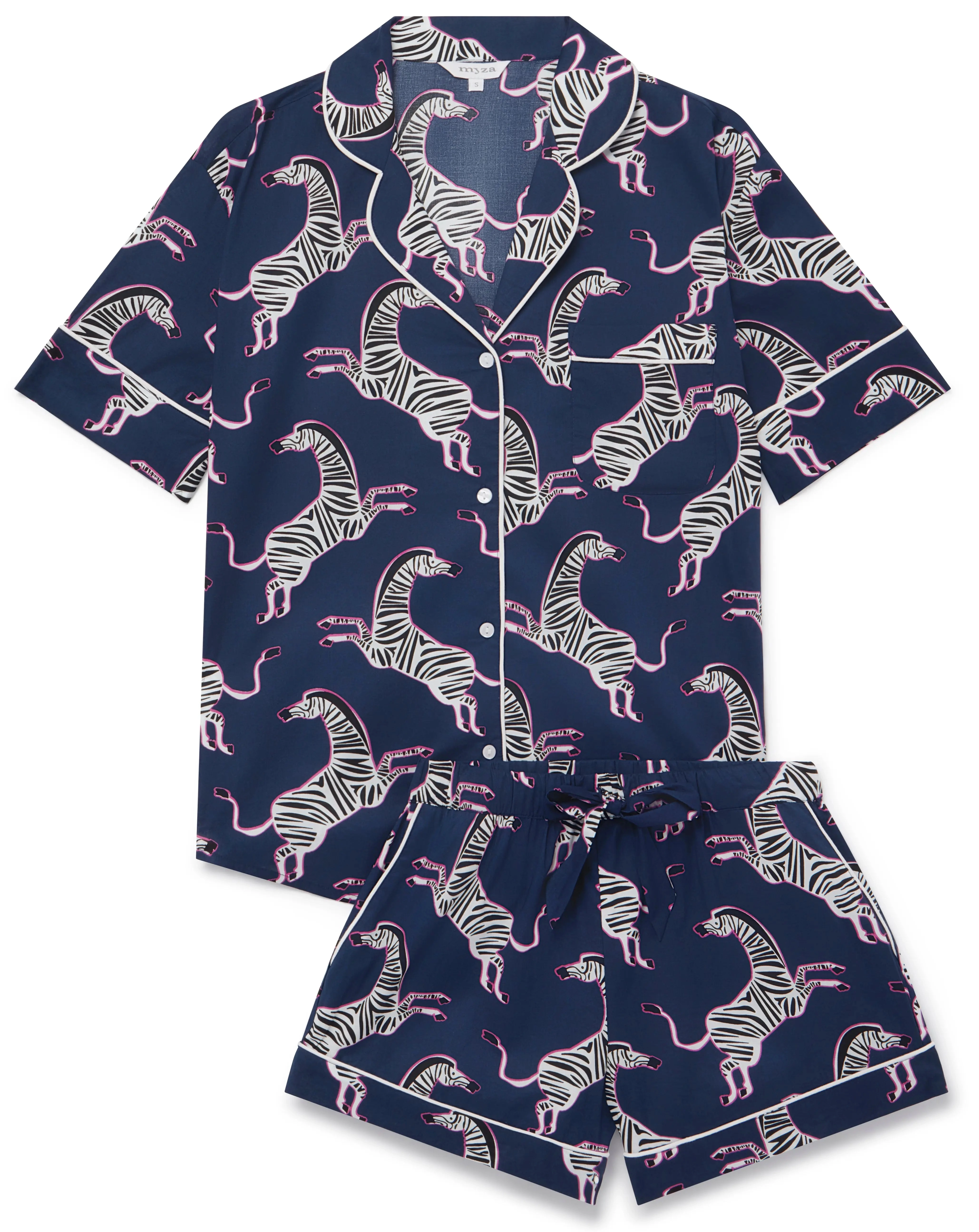 Pink Zebra on Navy Women's Short Sleeve Organic Cotton Pyjama Short Set
