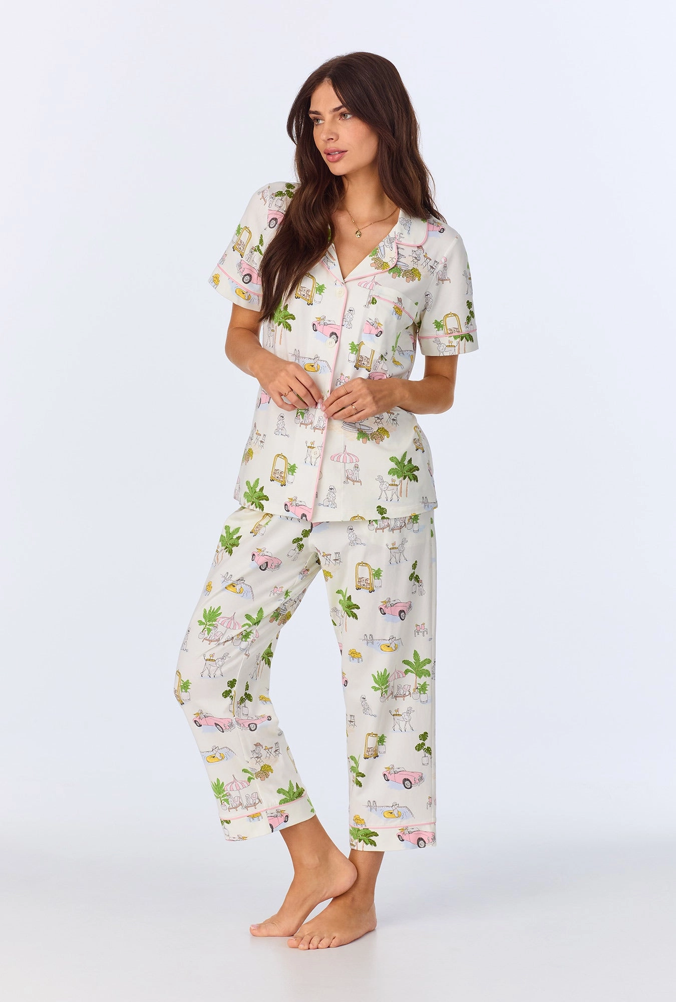 Poolside Poodles Short Sleeve Classic Stretch Jersey Cropped PJ Set