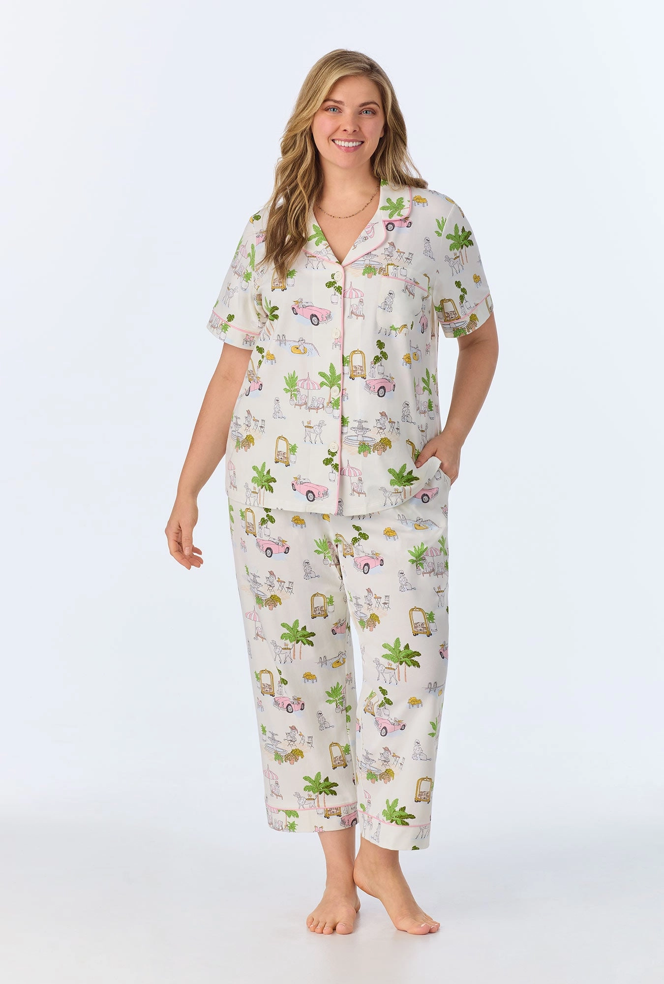 Poolside Poodles Short Sleeve Classic Stretch Jersey Cropped PJ Set