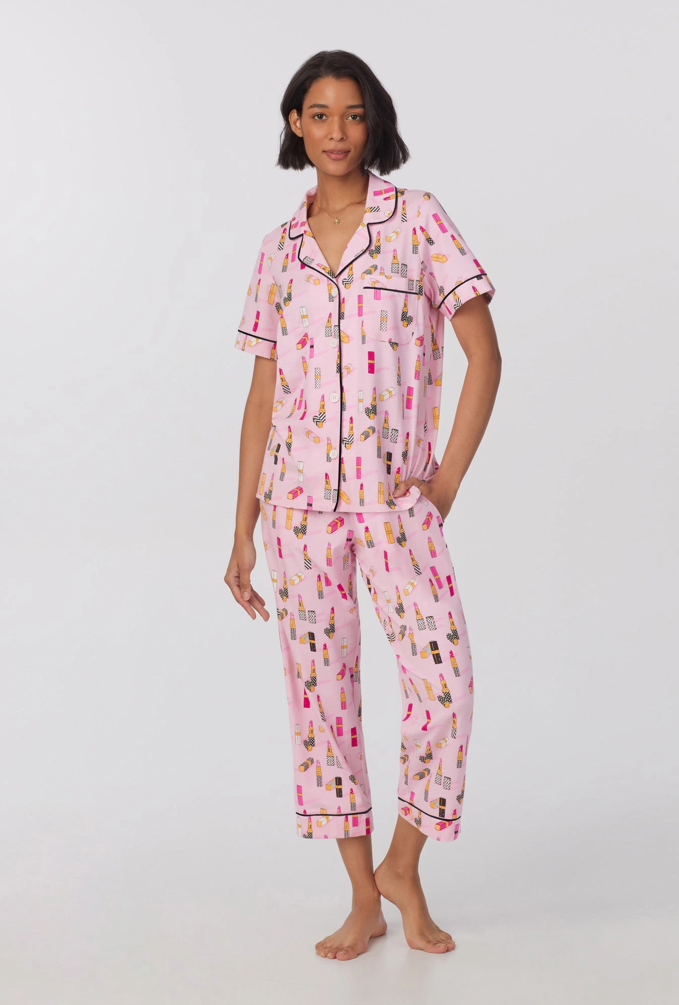 Pretty In Pink Short Sleeve Classic Stretch Jersey Cropped PJ Set