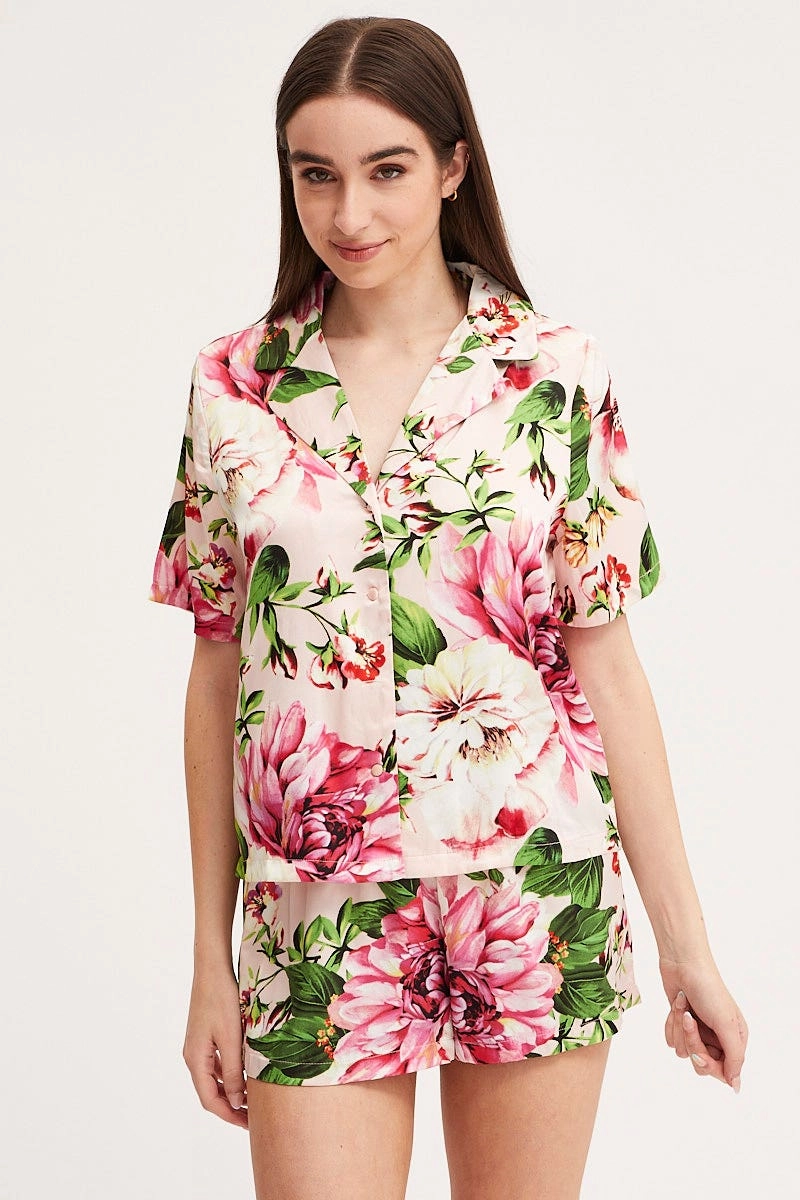 Print Satin Pajamas Set Short Sleeve