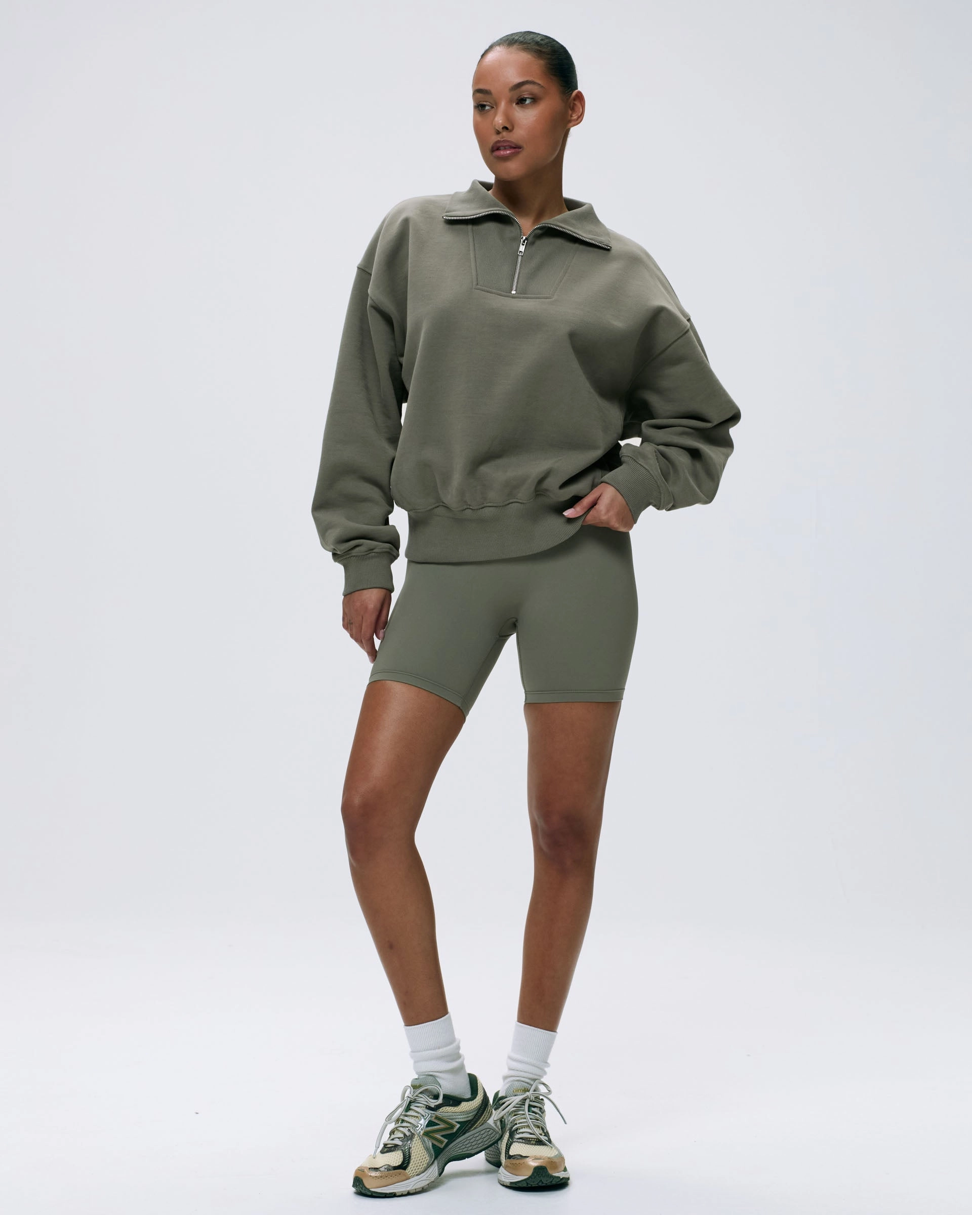 Relaxed Funnel Neck Zip Sweatshirt - Olive Green