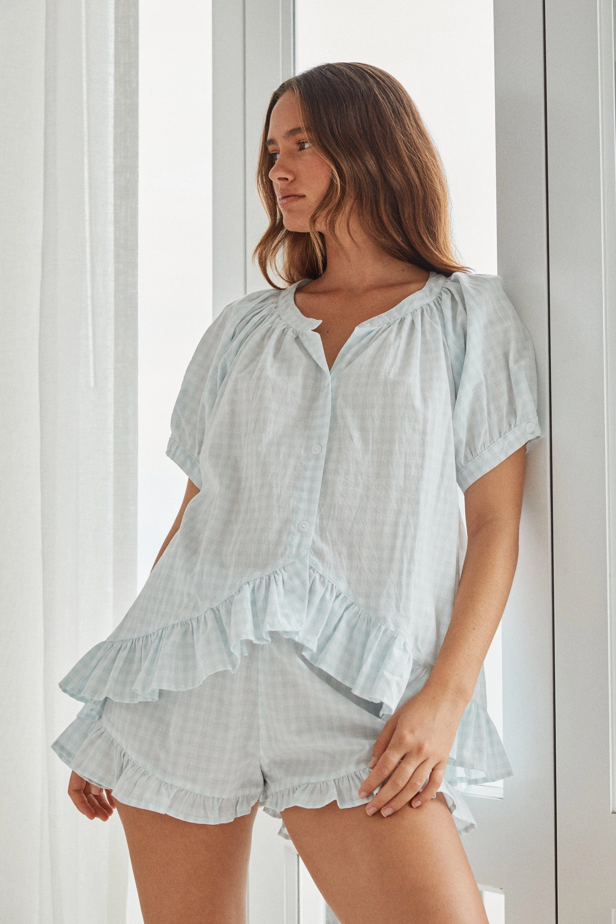 Sophie Sleep Set - Cotton - Gingham Pale Blue