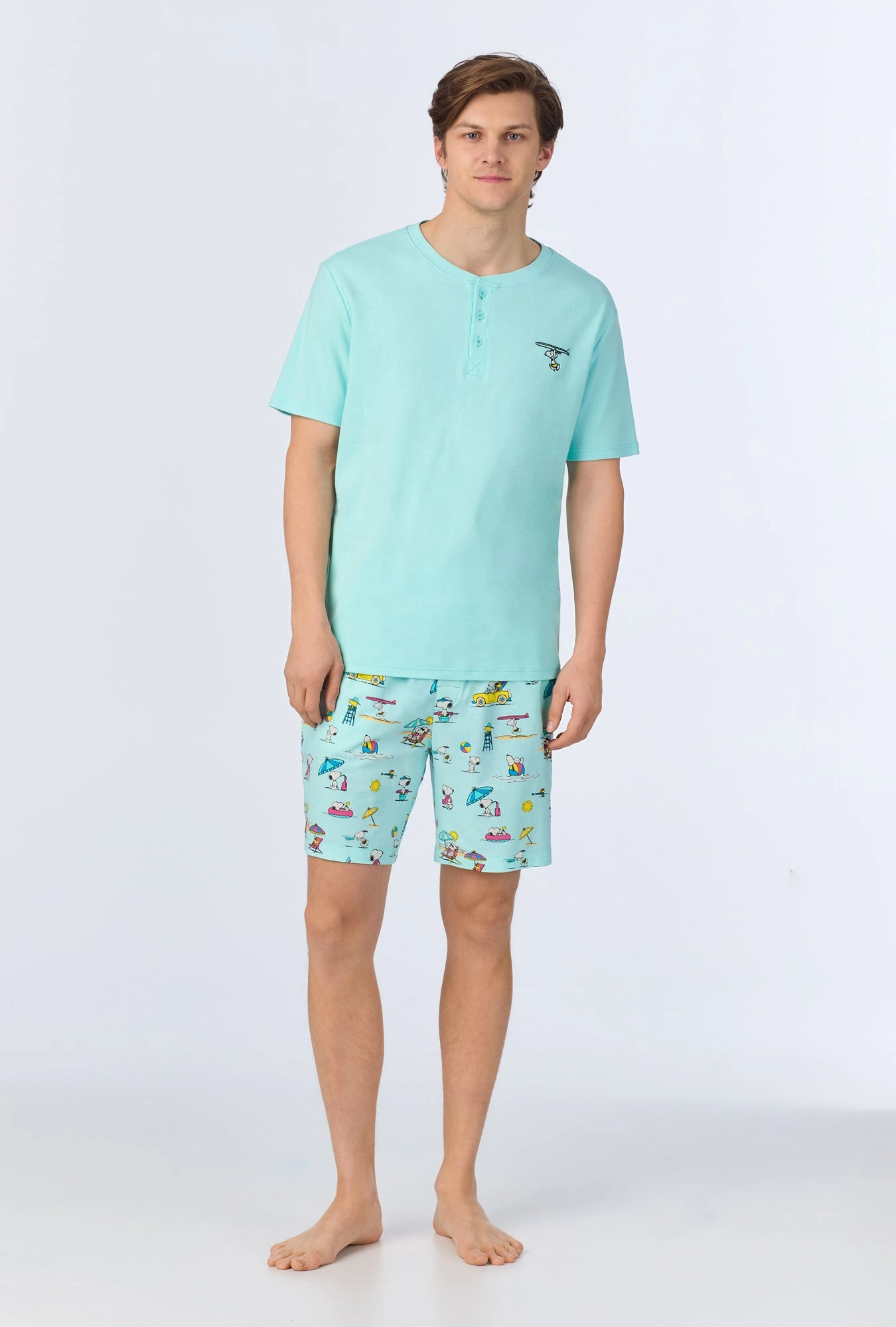 Surfside Snoopy® Men's Short Sleeve Henley Stretch Jersey Boxer PJ Set