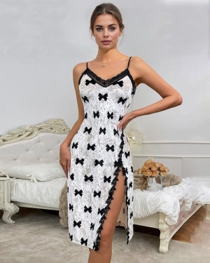 Velvet Lace Stitching Split Nightdress