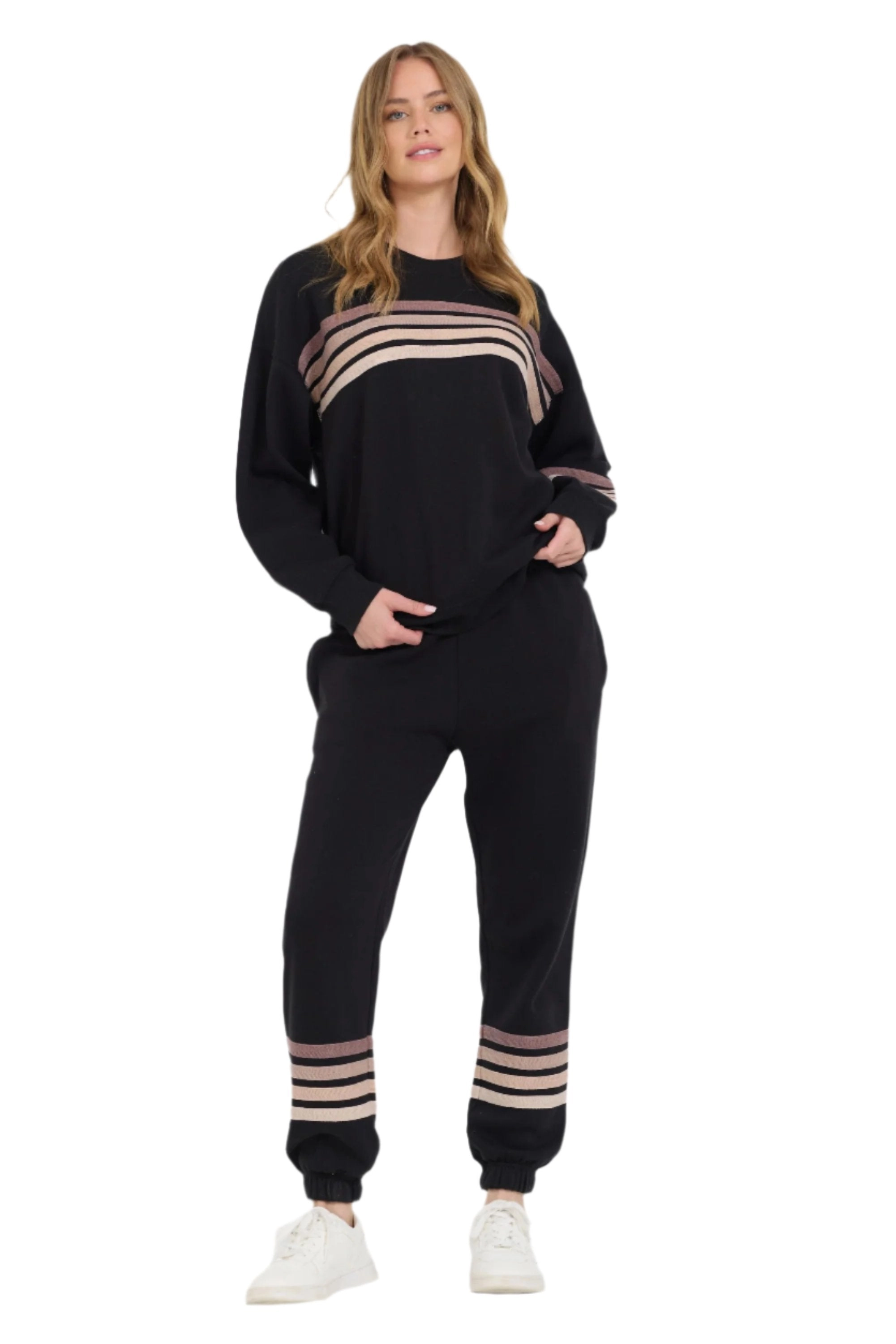 Vintage Havana Neutral Stripe Burnout Fleece Crewneck Sweatshirt Black VH12621